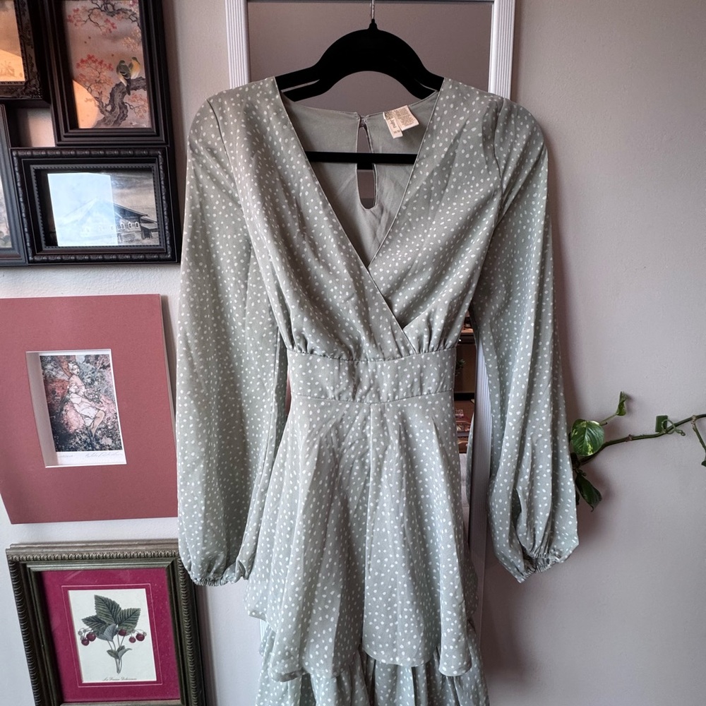 Japna Sage Green Polka Dot Long Sleeve Wrap-Style Dress